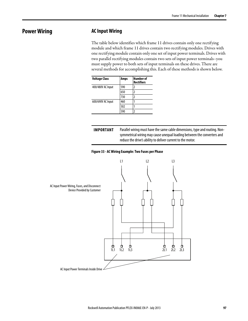 Power wiring, Ac input wiring | Rockwell Automation 20D PowerFlex 700H and 700S Frame 9...14 Drives User Manual | Page 97 / 220