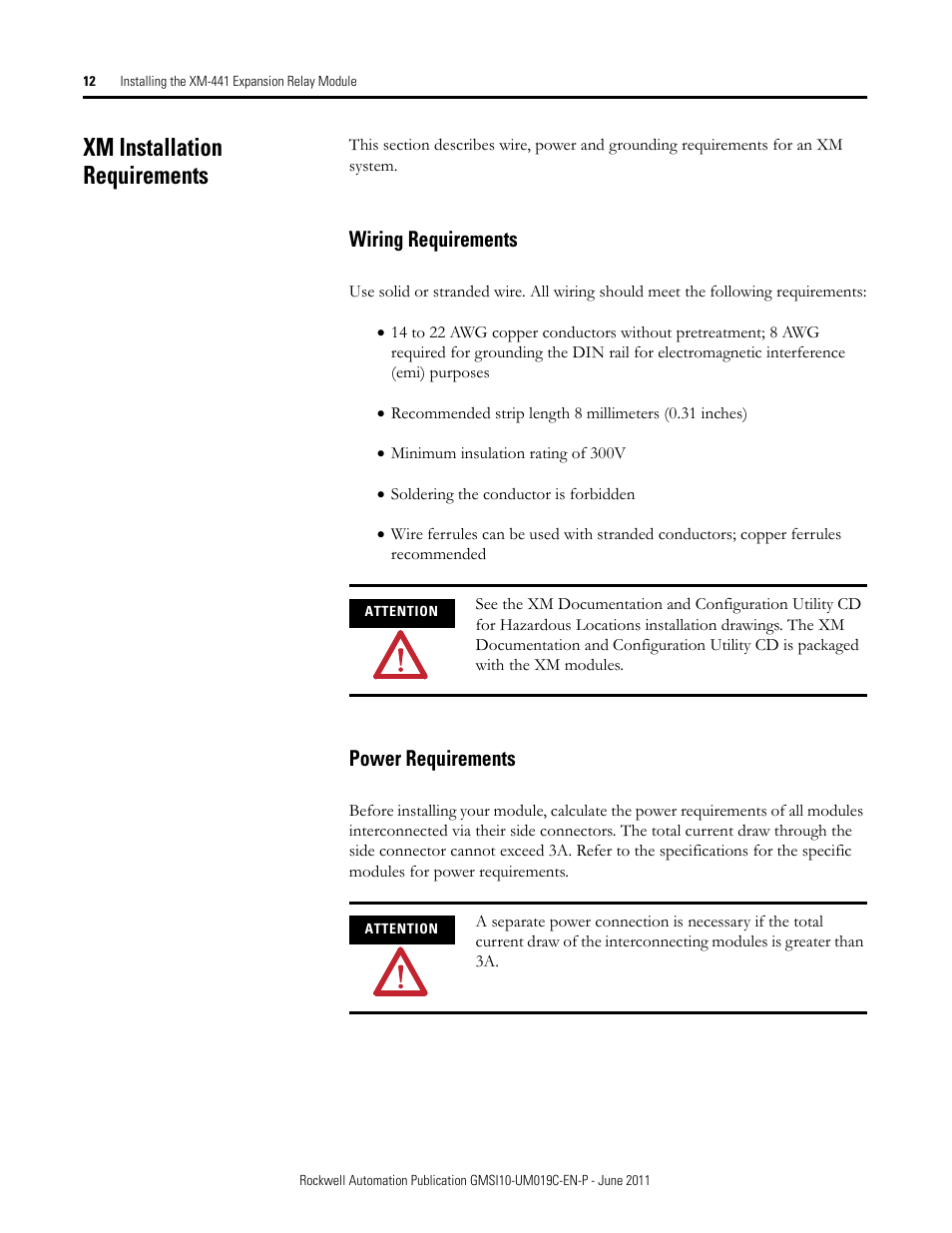 Xm installation requirements, Wiring requirements, Power requirements | Wiring requirements power requirements | Rockwell Automation 1440-REX00-04RD XM-441 Expansion Relay Module User Manual | Page 12 / 38