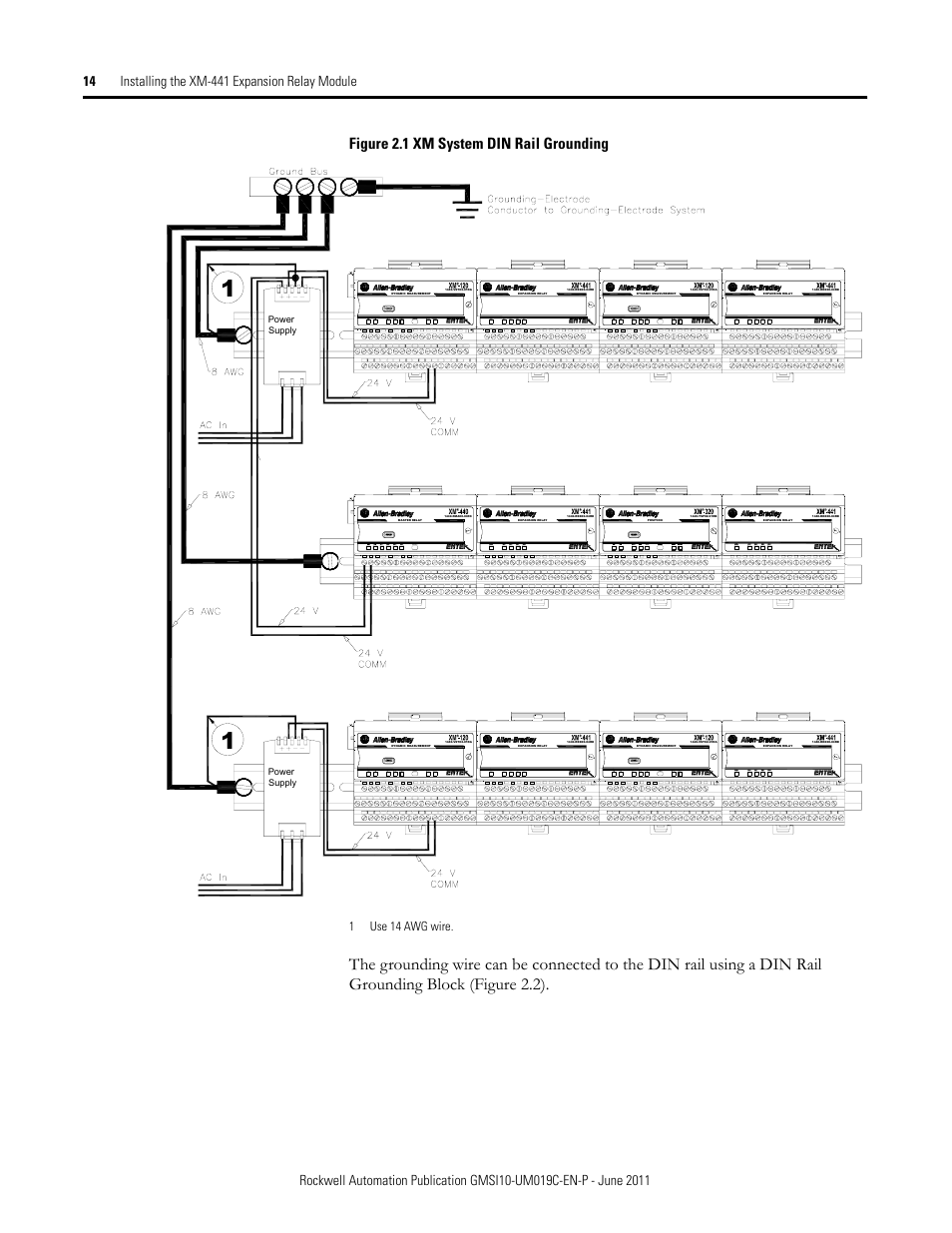 Figure 2.1 xm system din rail grounding, 1use 14 awg wire | Rockwell Automation 1440-REX00-04RD XM-441 Expansion Relay Module User Manual | Page 14 / 38