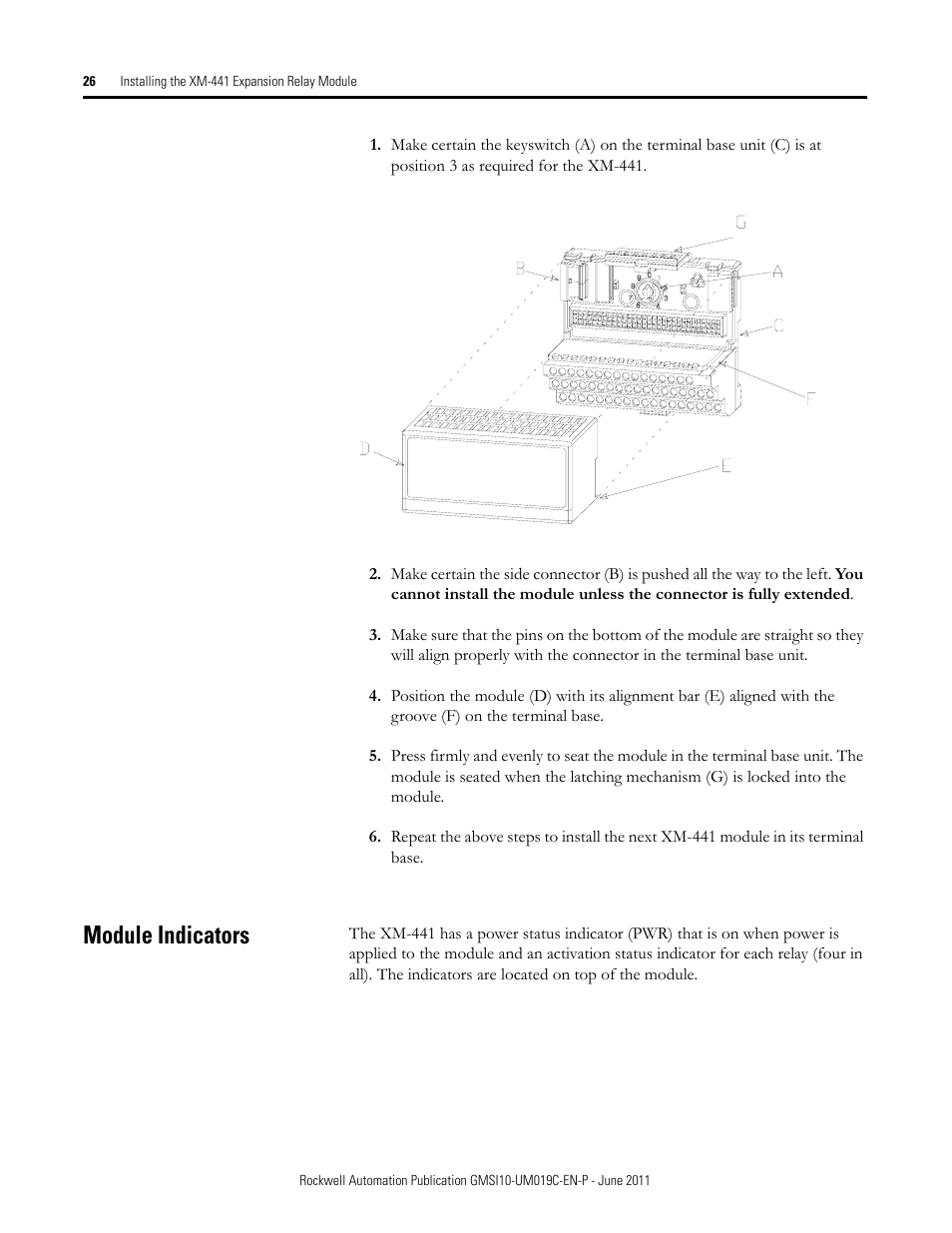 Module indicators | Rockwell Automation 1440-REX00-04RD XM-441 Expansion Relay Module User Manual | Page 26 / 38