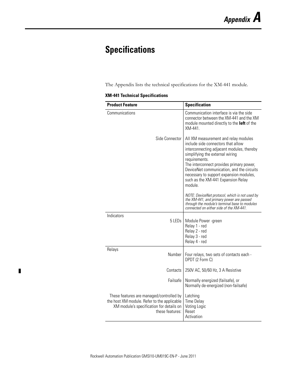 A - specifications, Appendix a, Specifications | Appendix | Rockwell Automation 1440-REX00-04RD XM-441 Expansion Relay Module User Manual | Page 29 / 38