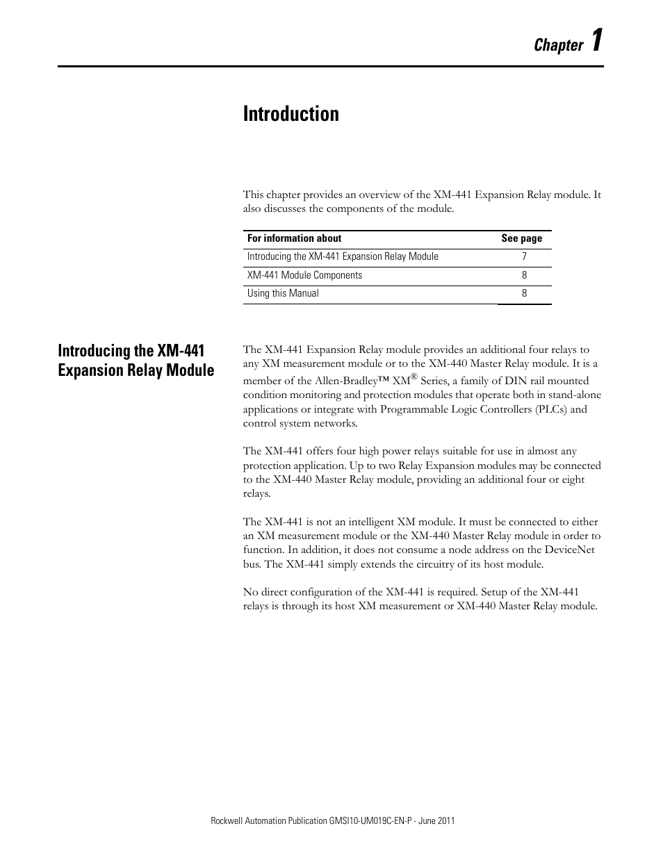 1 - introduction, Introducing the xm-441 expansion relay module, Chapter 1 | Introduction, Chapter | Rockwell Automation 1440-REX00-04RD XM-441 Expansion Relay Module User Manual | Page 7 / 38