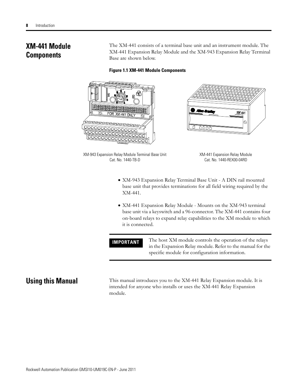 Xm-441 module components, Using this manual, Xm-441 module components using this manual | Rockwell Automation 1440-REX00-04RD XM-441 Expansion Relay Module User Manual | Page 8 / 38