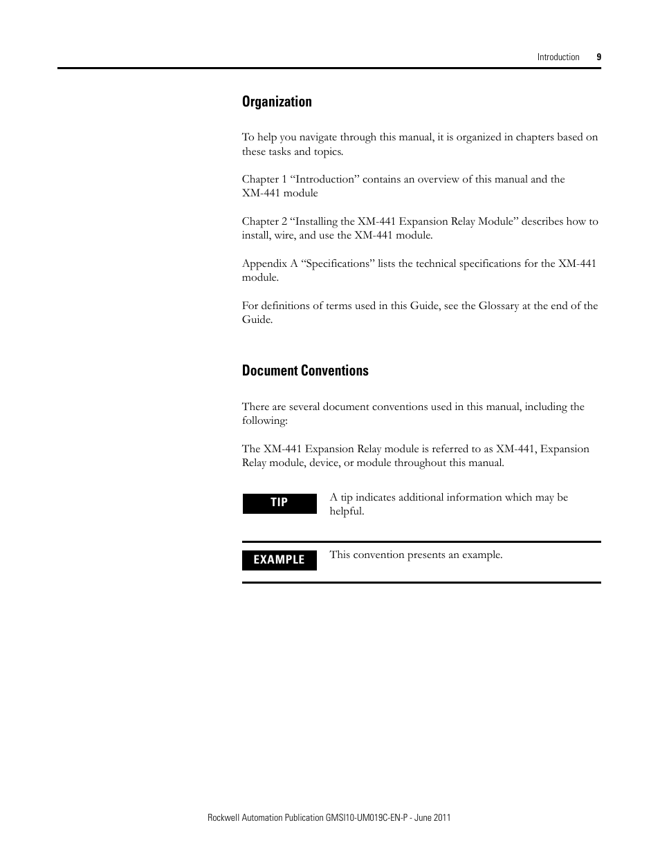 Organization, Document conventions, Organization document conventions | Rockwell Automation 1440-REX00-04RD XM-441 Expansion Relay Module User Manual | Page 9 / 38