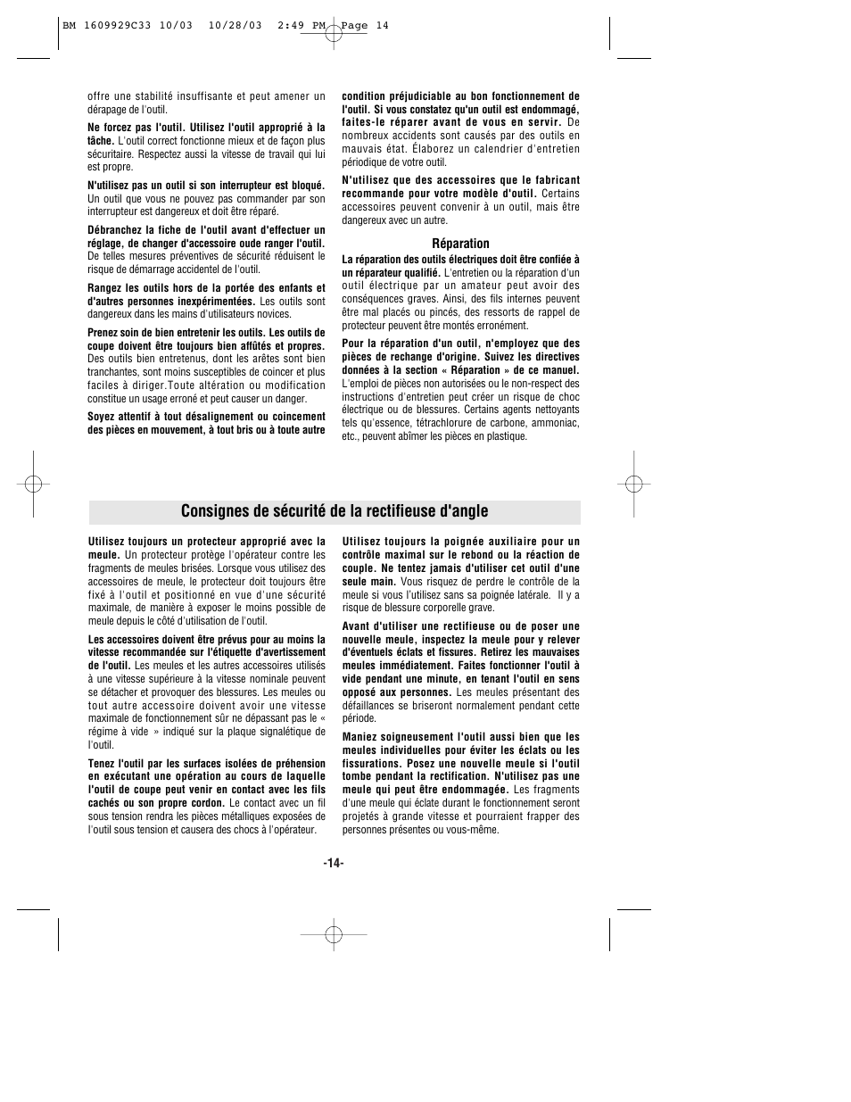 Consignes de sécurité de la rectifieuse d'angle | Bosch 1700 User Manual | Page 14 / 36
