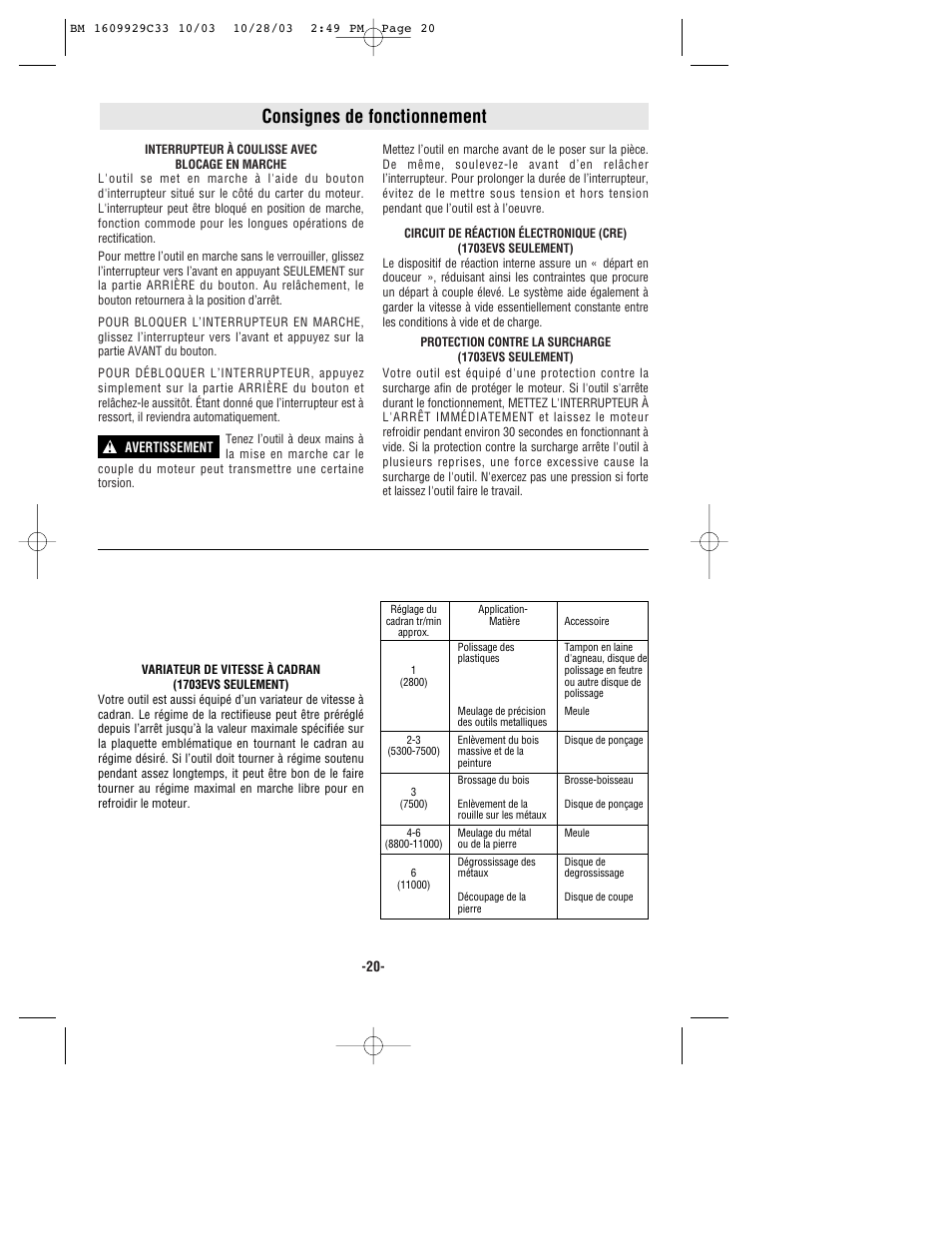 Consignes de fonctionnement | Bosch 1700 User Manual | Page 20 / 36