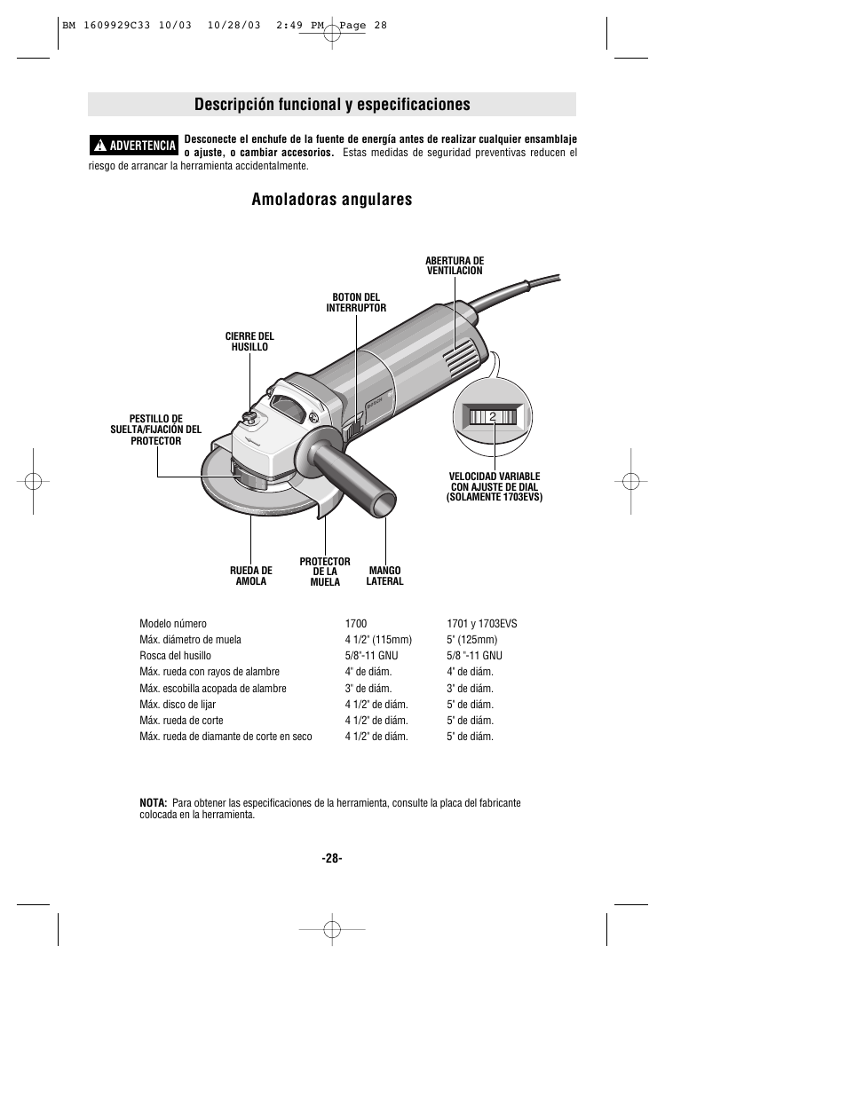 Descripción funcional y especificaciones, Amoladoras angulares | Bosch 1700 User Manual | Page 28 / 36