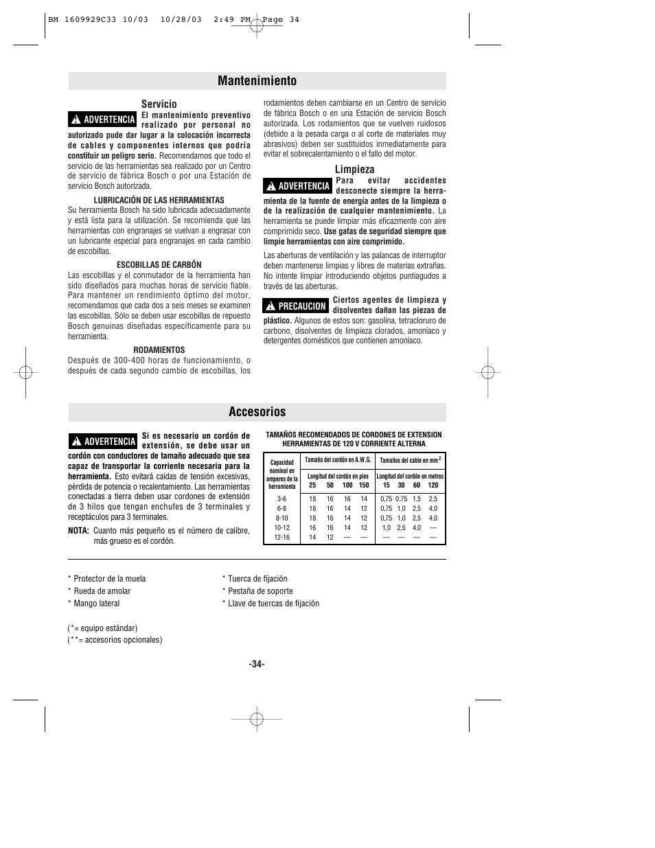 Mantenimiento, Accesorios, Servicio | Limpieza | Bosch 1700 User Manual | Page 34 / 36