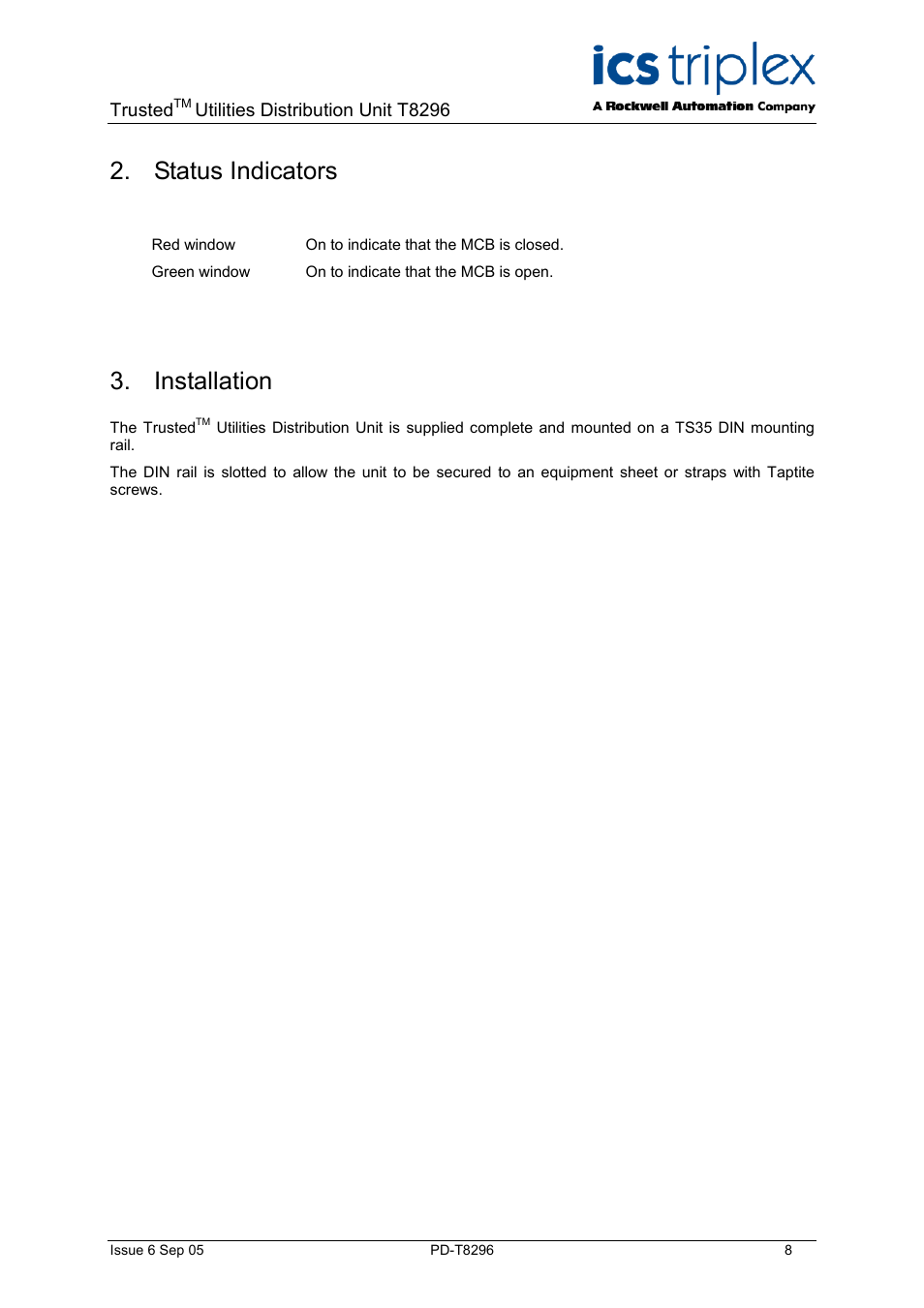 Status indicators, Installation | Rockwell Automation T8296 Trusted Utilities Distribution Unit User Manual | Page 8 / 10