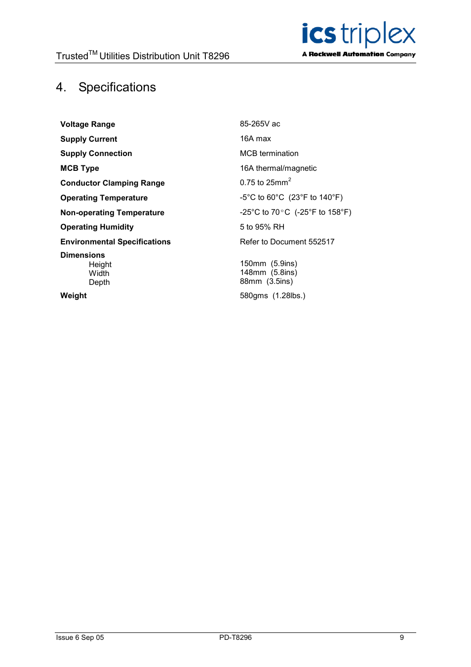 Specifications, Trusted, Utilities distribution unit t8296 | Rockwell Automation T8296 Trusted Utilities Distribution Unit User Manual | Page 9 / 10