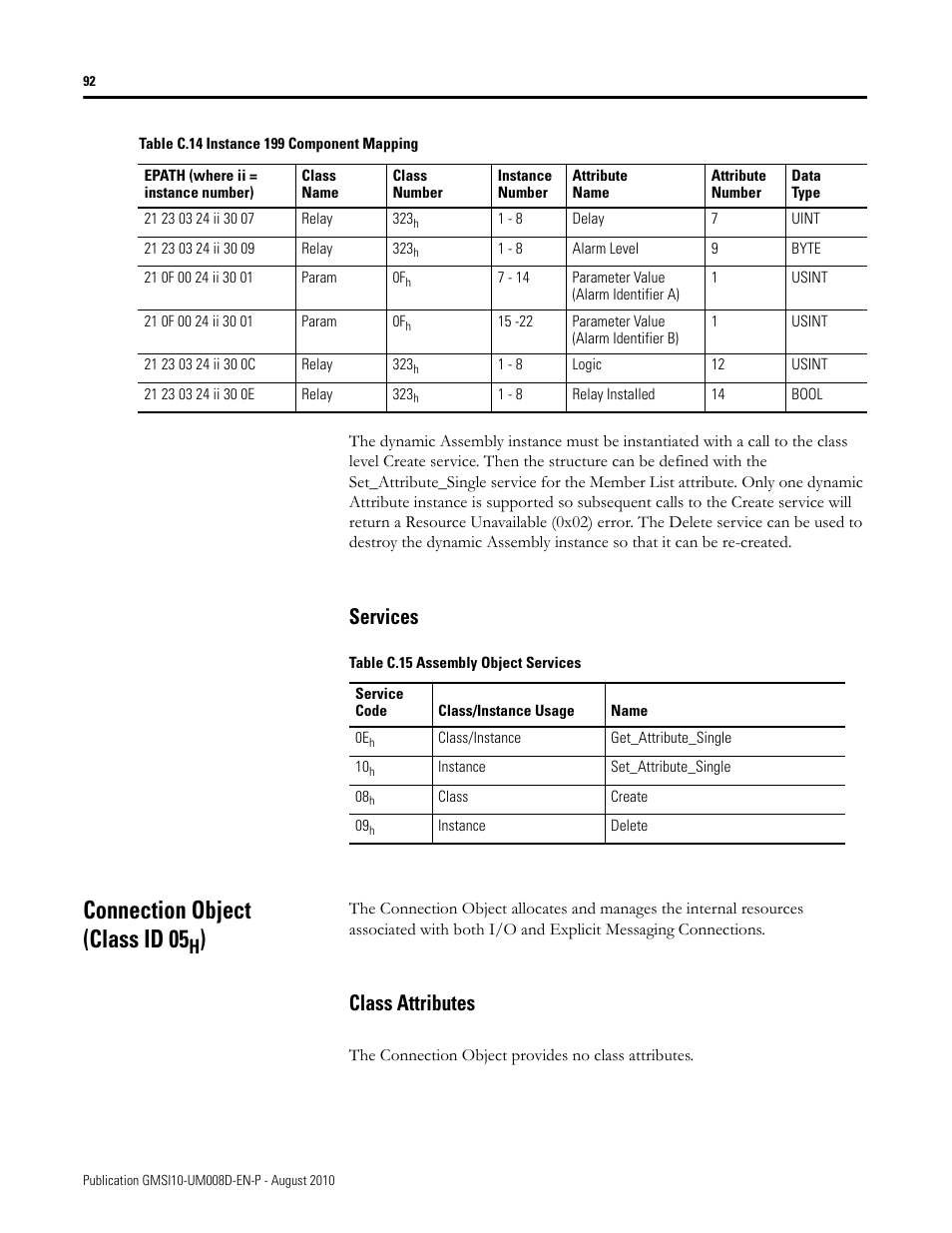 Services, Connection object (class id 05h), Class attributes | Connection object (class id 05 | Rockwell Automation 1440-TTC06-00RE XM-362 Temperature Module User Manual | Page 100 / 127