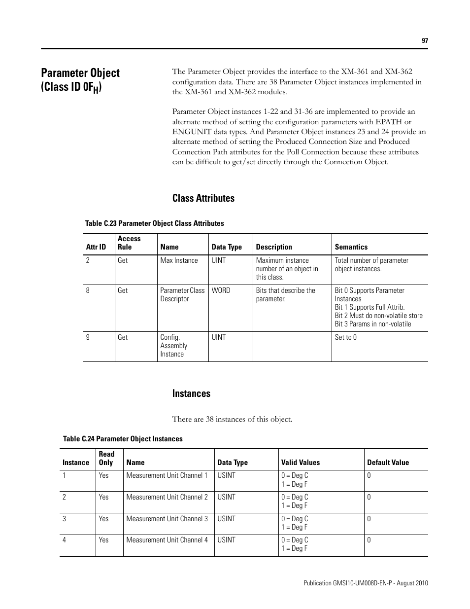 Parameter object (class id 0fh), Class attributes, Instances | Class attributes instances, Parameter object (class id 0f | Rockwell Automation 1440-TTC06-00RE XM-362 Temperature Module User Manual | Page 105 / 127