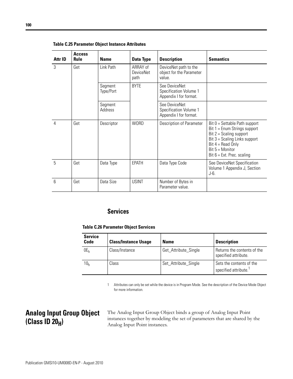Services, Analog input group object (class id 20h), Analog input group object (class id 20 | Rockwell Automation 1440-TTC06-00RE XM-362 Temperature Module User Manual | Page 108 / 127