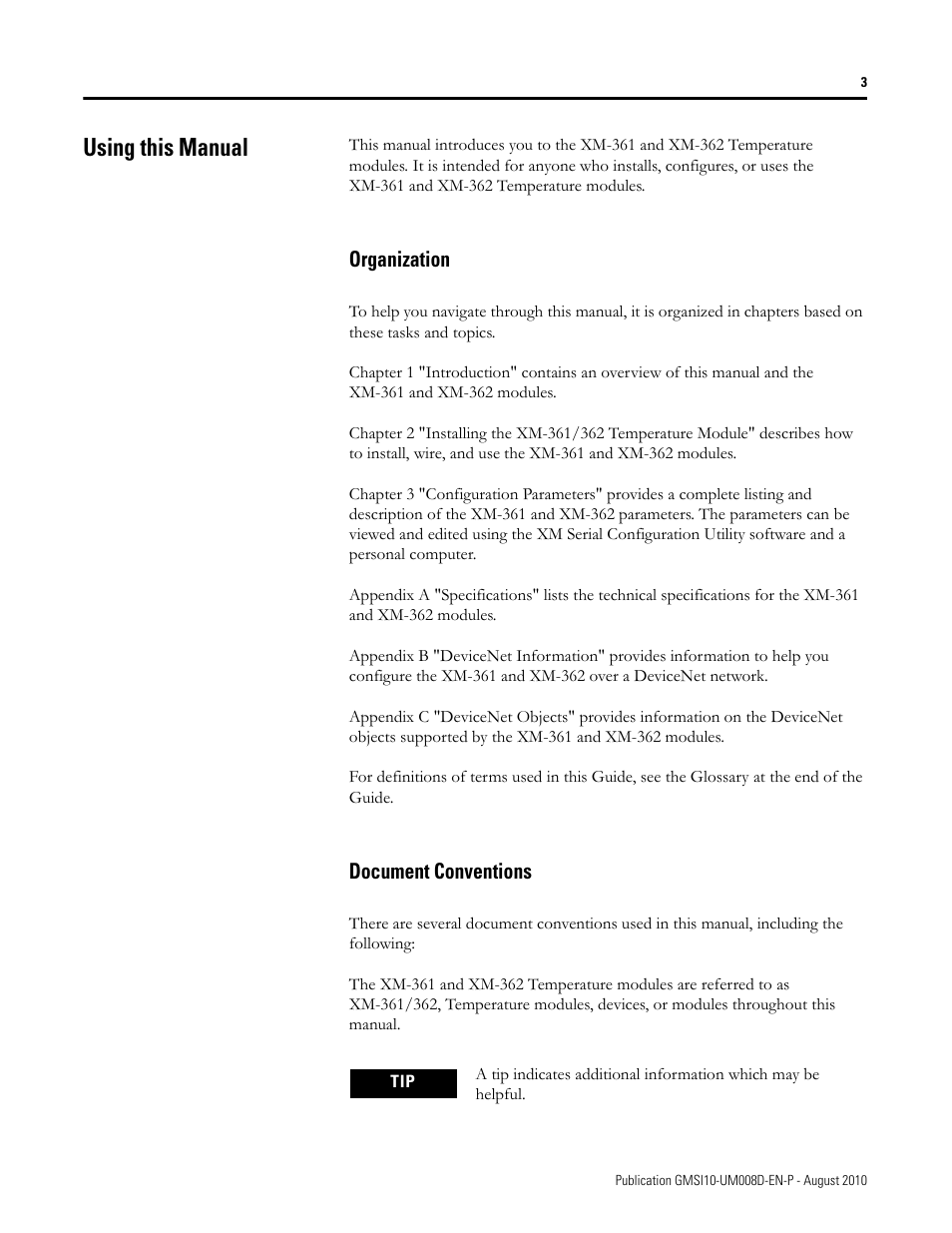 Using this manual, Organization, Document conventions | Organization document conventions | Rockwell Automation 1440-TTC06-00RE XM-362 Temperature Module User Manual | Page 11 / 127