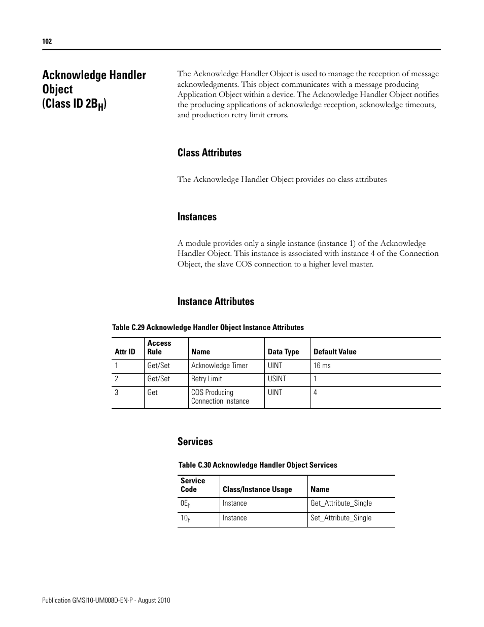 Acknowledge handler object (class id 2bh), Class attributes, Instances | Instance attributes, Services, Acknowledge handler object (class id 2b, Instance attributes services | Rockwell Automation 1440-TTC06-00RE XM-362 Temperature Module User Manual | Page 110 / 127