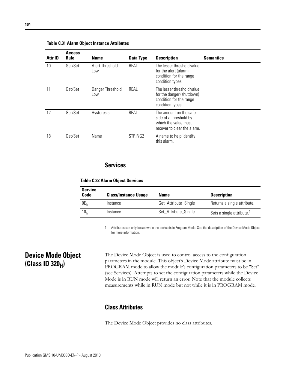 Services, Device mode object (class id 320h), Class attributes | Device mode object (class id 320 | Rockwell Automation 1440-TTC06-00RE XM-362 Temperature Module User Manual | Page 112 / 127