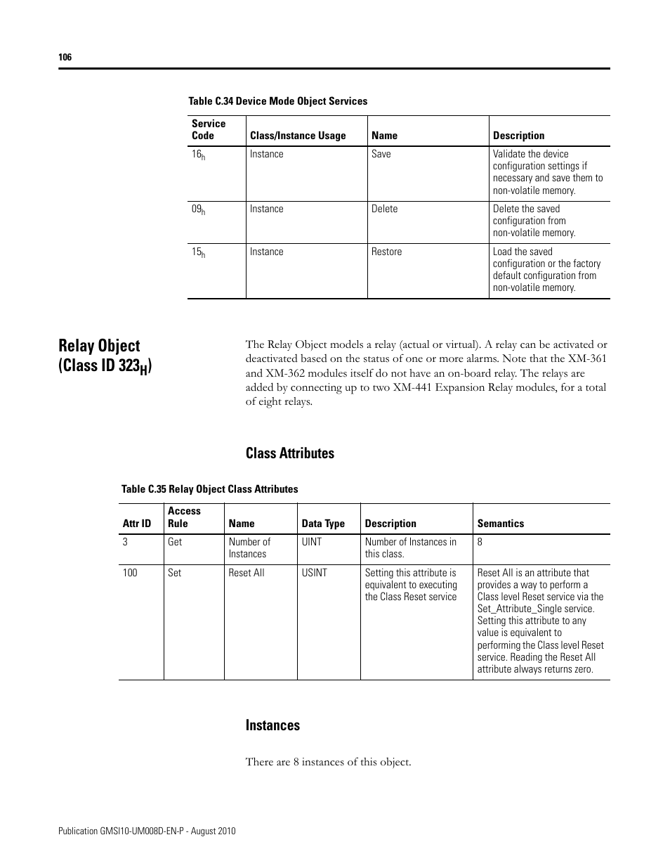 Relay object (class id 323h), Class attributes, Instances | Class attributes instances, Relay object (class id 323 | Rockwell Automation 1440-TTC06-00RE XM-362 Temperature Module User Manual | Page 114 / 127