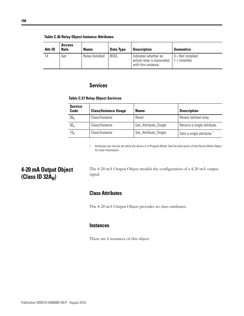 Services, 20 ma output object (class id 32ah), Class attributes | Instances, Class attributes instances, 20 ma output object (class id 32a | Rockwell Automation 1440-TTC06-00RE XM-362 Temperature Module User Manual | Page 116 / 127