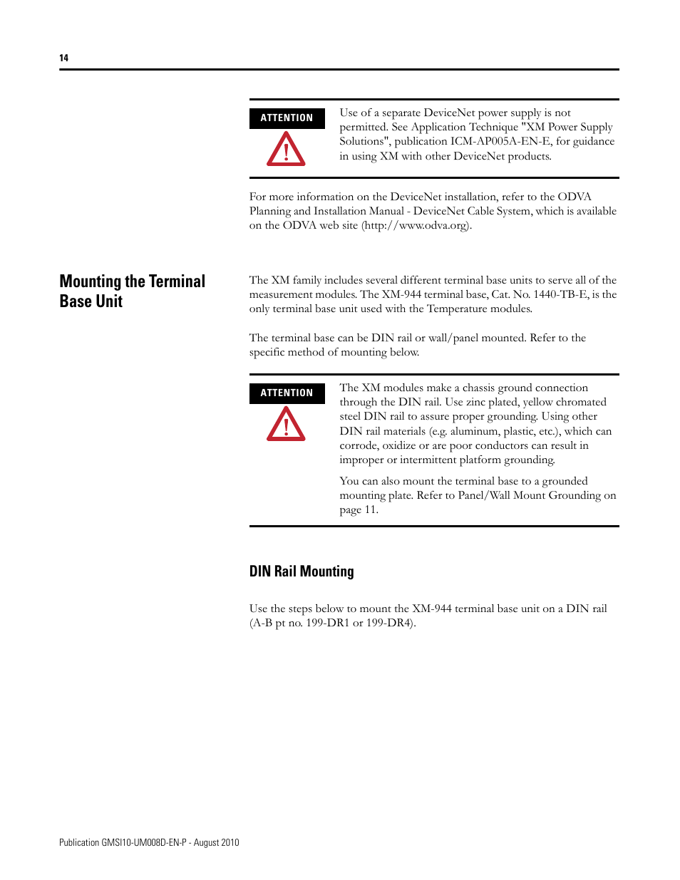 Mounting the terminal base unit, Din rail mounting | Rockwell Automation 1440-TTC06-00RE XM-362 Temperature Module User Manual | Page 22 / 127