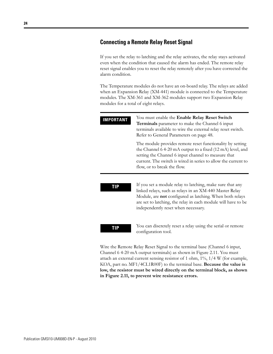 Connecting a remote relay reset signal | Rockwell Automation 1440-TTC06-00RE XM-362 Temperature Module User Manual | Page 32 / 127