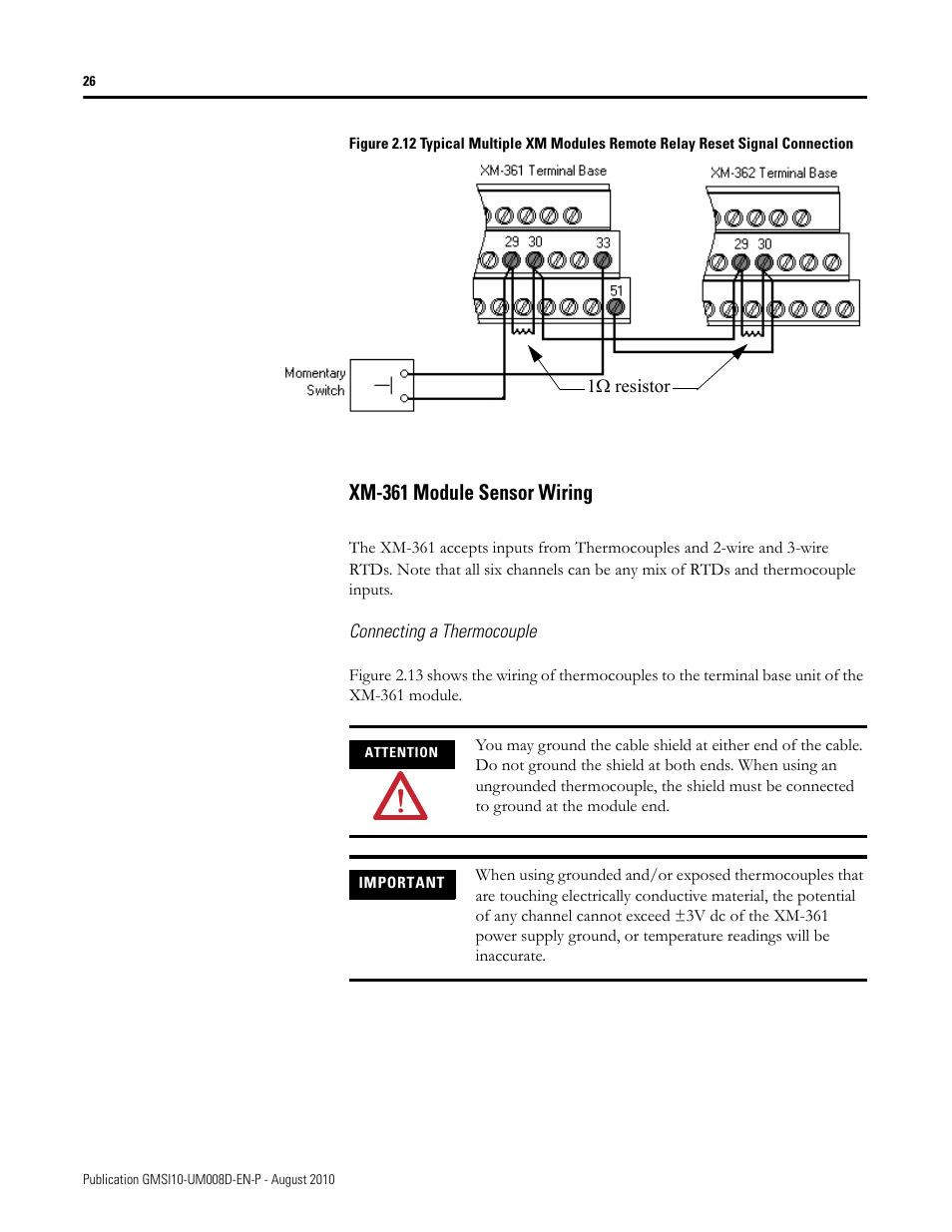 Xm-361 module sensor wiring | Rockwell Automation 1440-TTC06-00RE XM-362 Temperature Module User Manual | Page 34 / 127