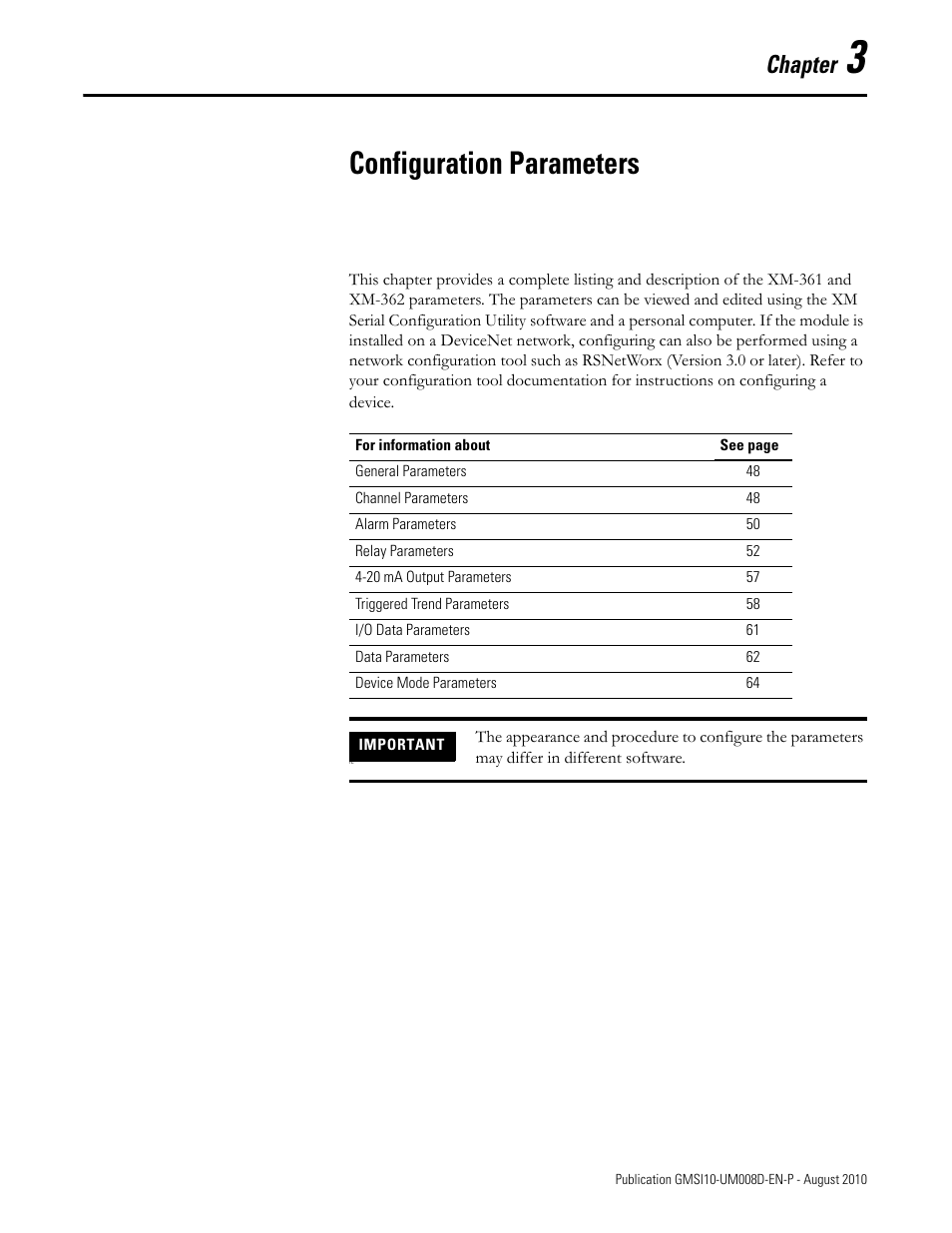 Configuration parameters, Chapter 3, Chapter | Rockwell Automation 1440-TTC06-00RE XM-362 Temperature Module User Manual | Page 55 / 127