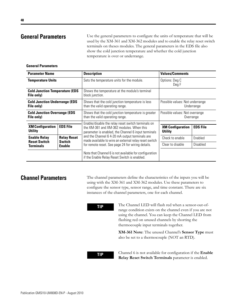 General parameters, Channel parameters, General parameters channel parameters | Rockwell Automation 1440-TTC06-00RE XM-362 Temperature Module User Manual | Page 56 / 127