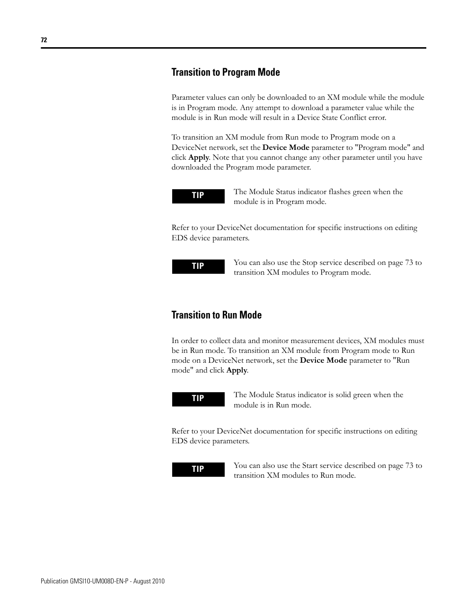 Transition to program mode, Transition to run mode, Transition to program mode transition to run mode | Rockwell Automation 1440-TTC06-00RE XM-362 Temperature Module User Manual | Page 80 / 127