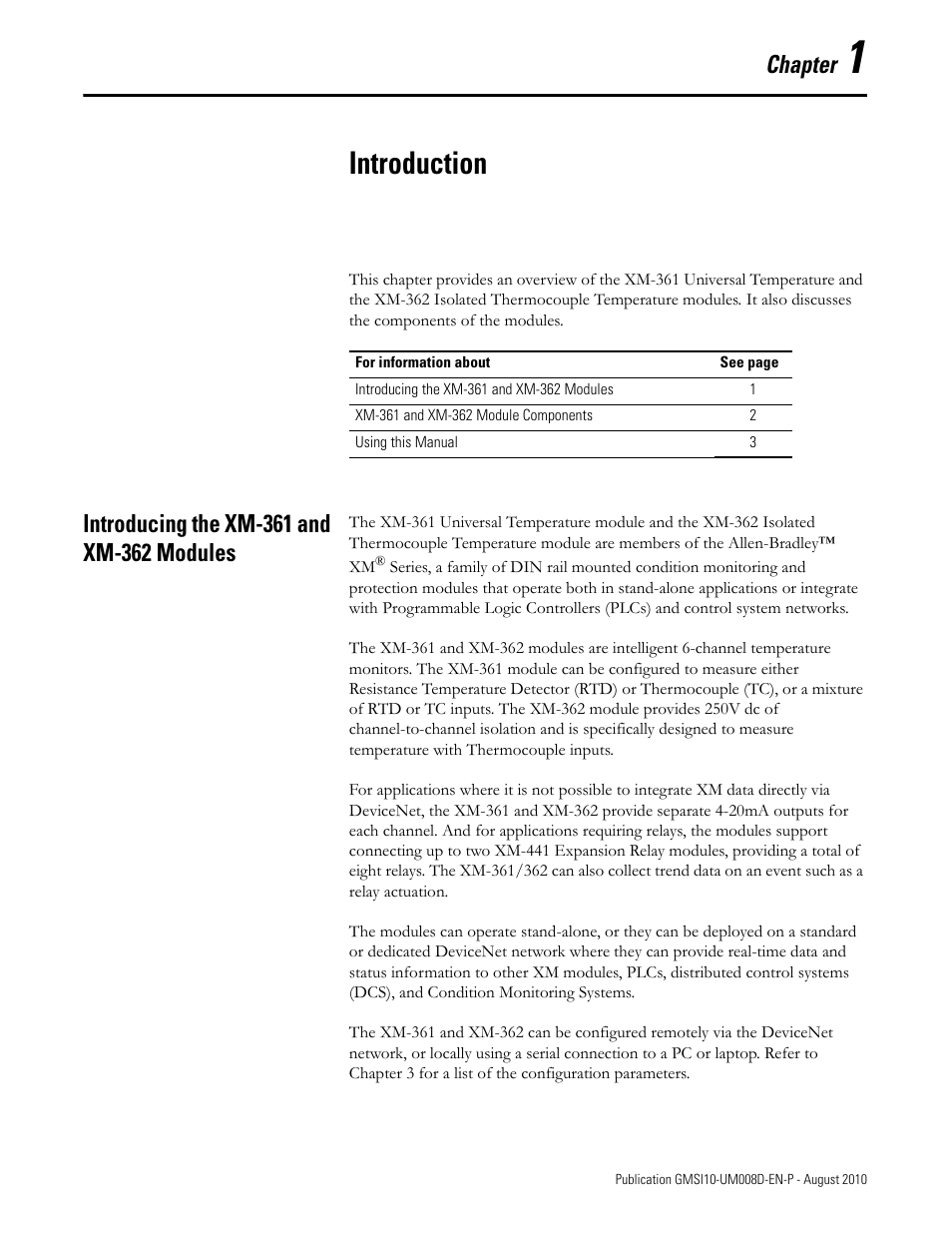 Introduction, Introducing the xm-361 and xm-362 modules, Chapter 1 | Chapter | Rockwell Automation 1440-TTC06-00RE XM-362 Temperature Module User Manual | Page 9 / 127