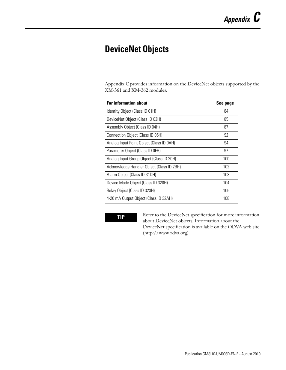 Devicenet objects, Appendix c, Appendix | Rockwell Automation 1440-TTC06-00RE XM-362 Temperature Module User Manual | Page 91 / 127