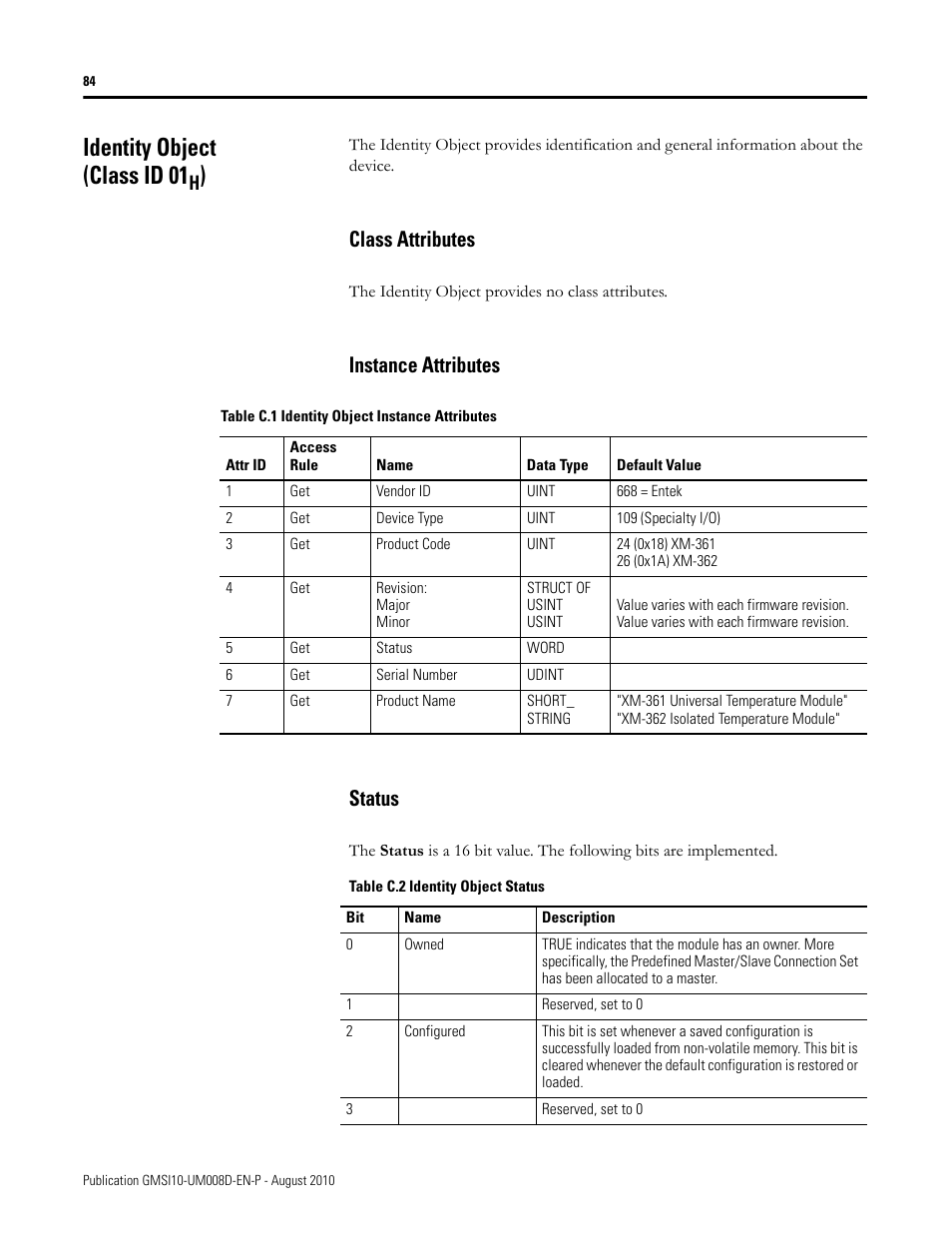 Identity object (class id 01h), Class attributes, Instance attributes | Status, Class attributes instance attributes status, Identity object (class id 01, Instance attributes status | Rockwell Automation 1440-TTC06-00RE XM-362 Temperature Module User Manual | Page 92 / 127