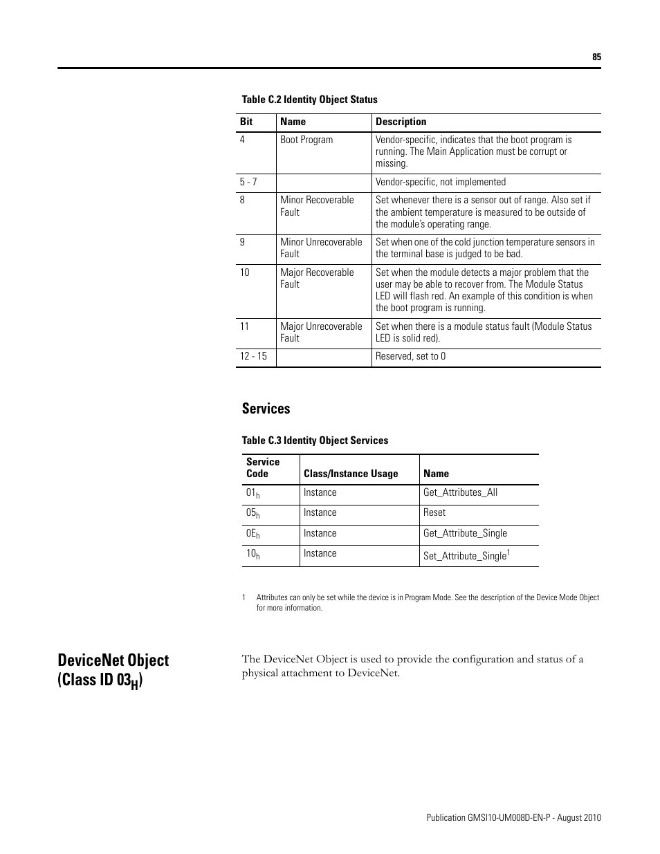 Services, Devicenet object (class id 03h), Devicenet object (class id 03 | Rockwell Automation 1440-TTC06-00RE XM-362 Temperature Module User Manual | Page 93 / 127