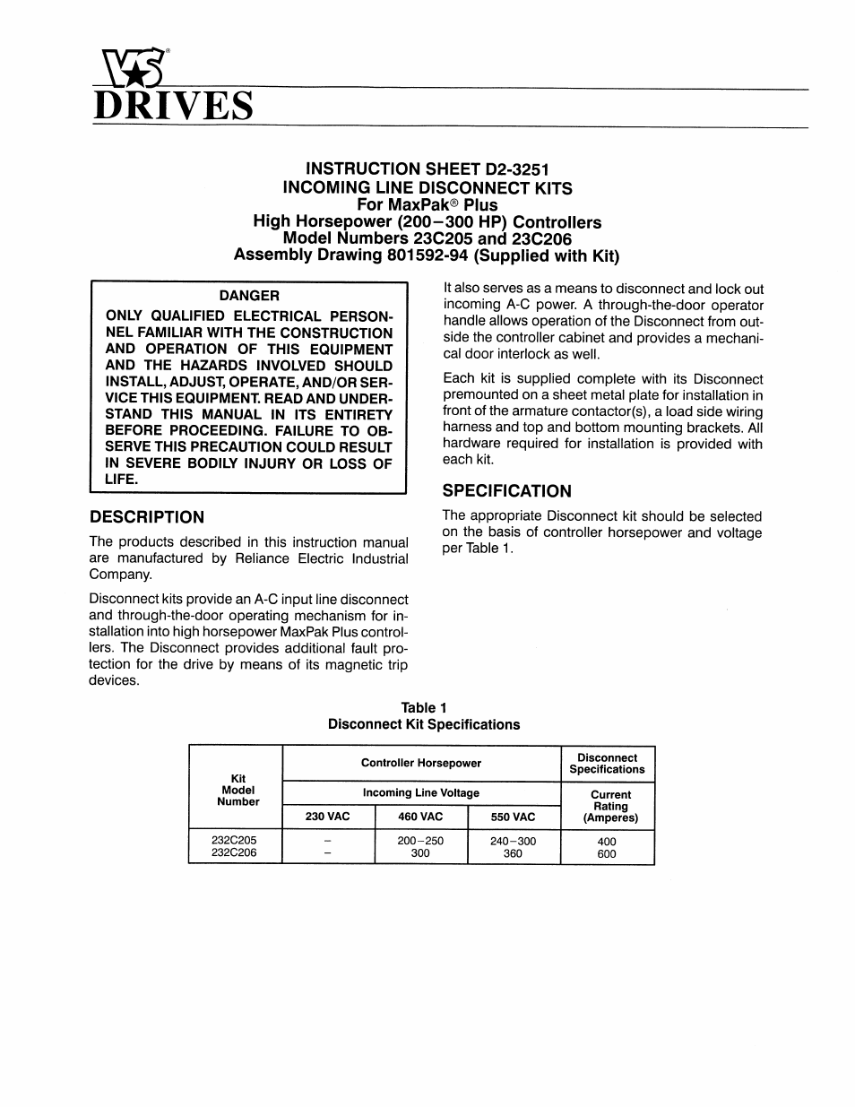 Rockwell Automation MaxPak Plus Incoming Line Disconnect Kits 200-300 HP User Manual | 4 pages