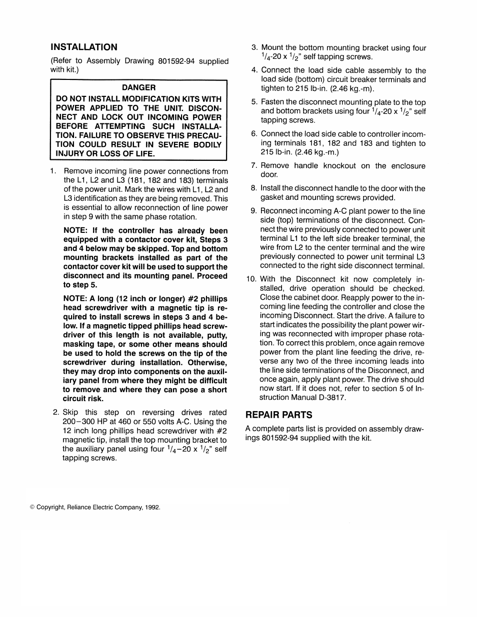 Installation, Repair parts, Back cover | Rockwell Automation MaxPak Plus Incoming Line Disconnect Kits 200-300 HP User Manual | Page 2 / 4