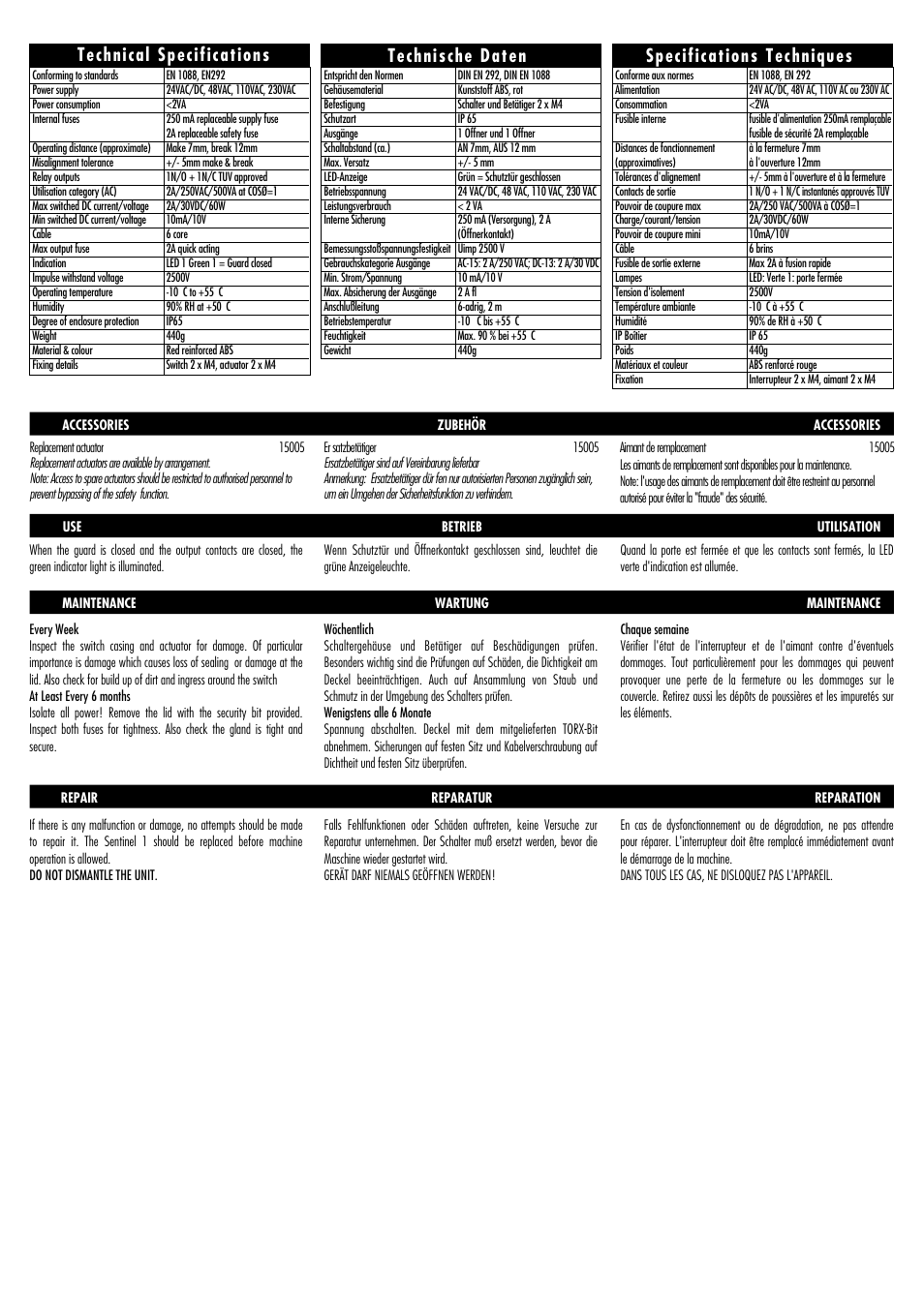 Technical specifications, Specifications techniques technische daten | Rockwell Automation Sentinel 1 High Integrity Electronic Safety Interlock Switch User Manual | Page 3 / 4