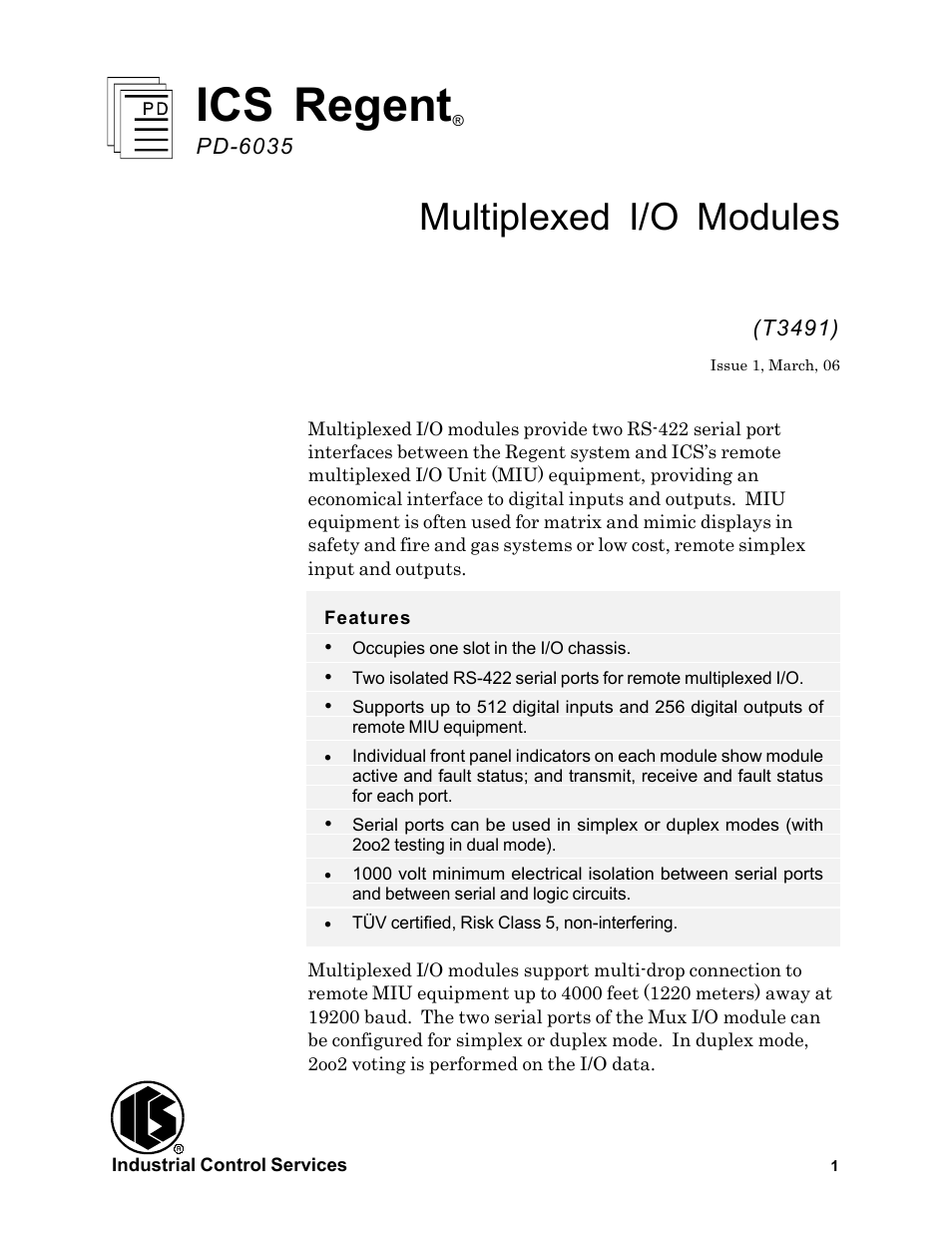 Rockwell Automation T3491 ICS Regent Multiplexed I/O Modules User Manual | 19 pages