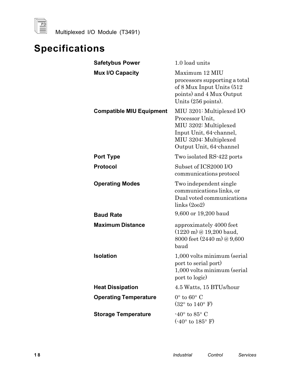 Specifications | Rockwell Automation T3491 ICS Regent Multiplexed I/O Modules User Manual | Page 18 / 19