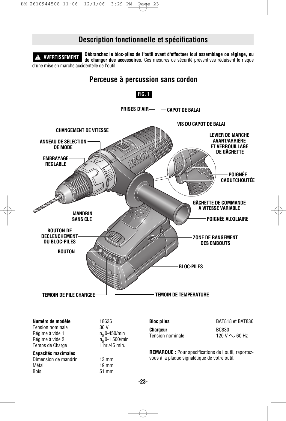 Description fonctionnelle et spécifications, Perceuse à percussion sans cordon | Bosch 18636 User Manual | Page 23 / 48