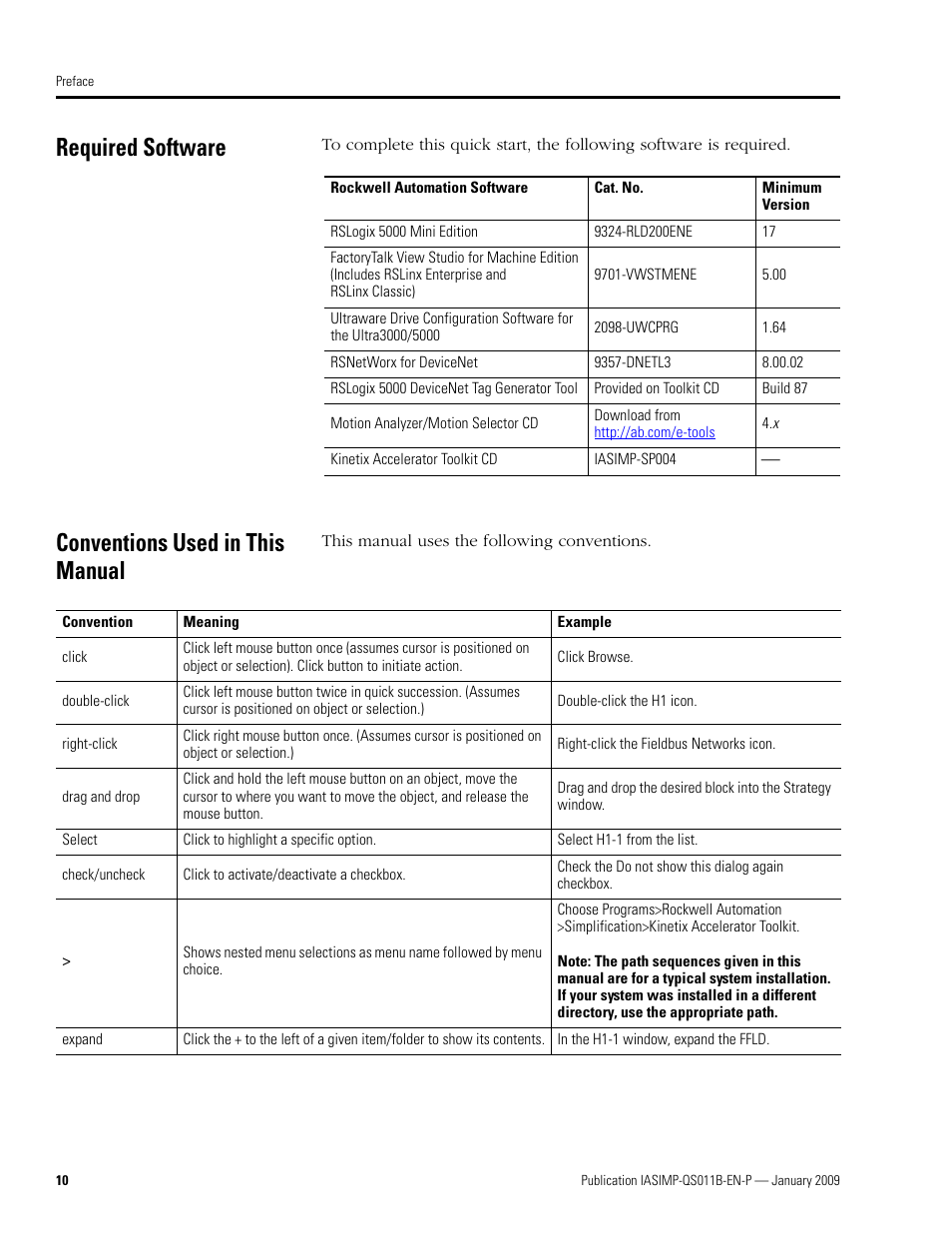 Required software, Conventions used in this manual, Required software conventions used in this manual | Rockwell Automation 2098 CompactLogix Indexing Motion Accelerator Toolkit Quick Start User Manual | Page 10 / 136