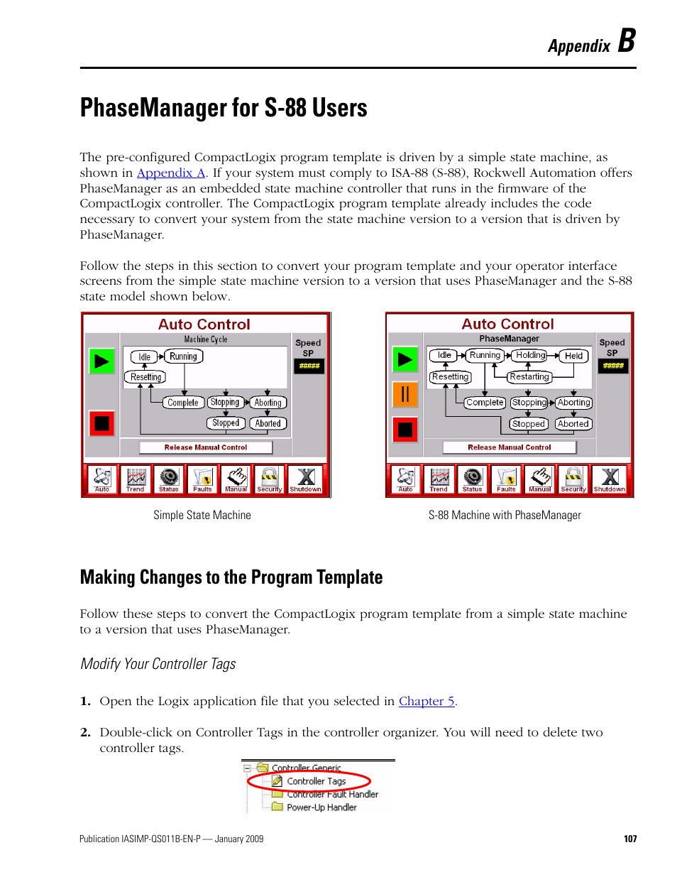 Appendix b - phasemanager for s-88 users, Making changes to the program template, Appendix b | Phasemanager for s-88 users | Rockwell Automation 2098 CompactLogix Indexing Motion Accelerator Toolkit Quick Start User Manual | Page 107 / 136