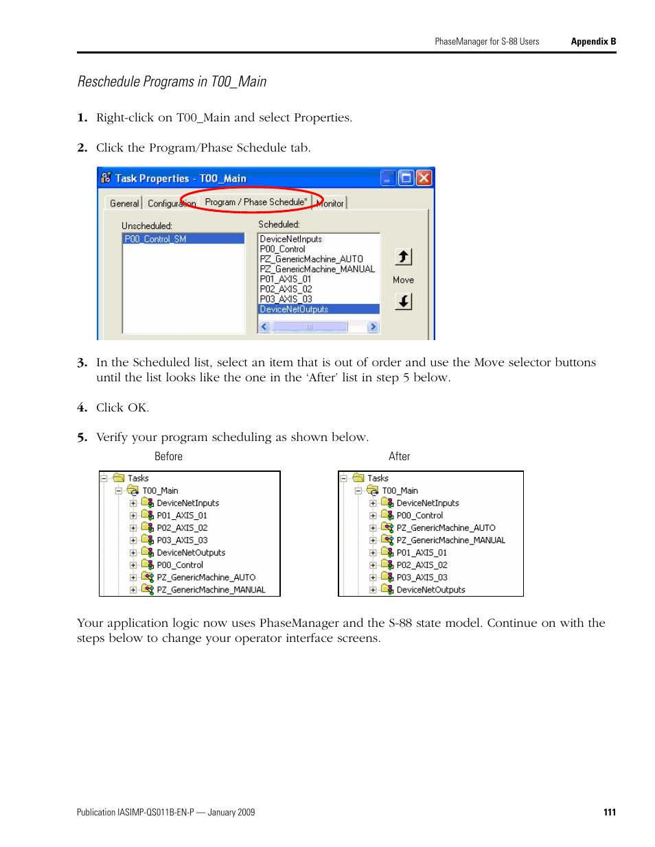 Reschedule programs in t00_main | Rockwell Automation 2098 CompactLogix Indexing Motion Accelerator Toolkit Quick Start User Manual | Page 111 / 136
