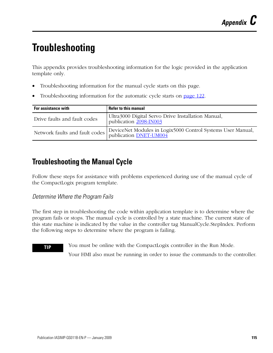 Appendix c - troubleshooting, Troubleshooting the manual cycle, Appendix c | Troubleshooting, Section on, Appendix | Rockwell Automation 2098 CompactLogix Indexing Motion Accelerator Toolkit Quick Start User Manual | Page 115 / 136