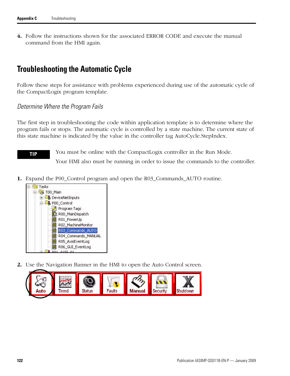 Troubleshooting the automatic cycle | Rockwell Automation 2098 CompactLogix Indexing Motion Accelerator Toolkit Quick Start User Manual | Page 122 / 136