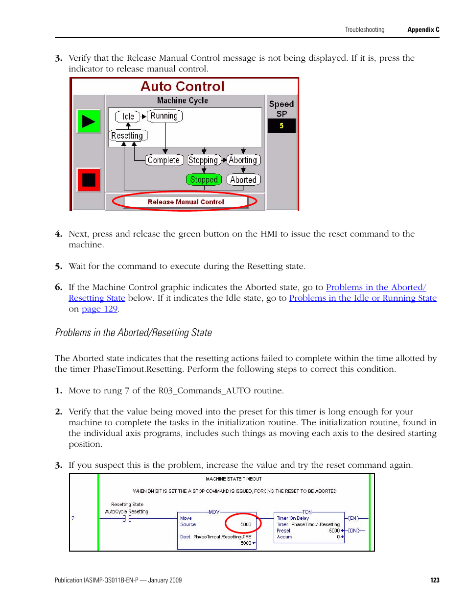 Problems in the aborted/resetting state | Rockwell Automation 2098 CompactLogix Indexing Motion Accelerator Toolkit Quick Start User Manual | Page 123 / 136