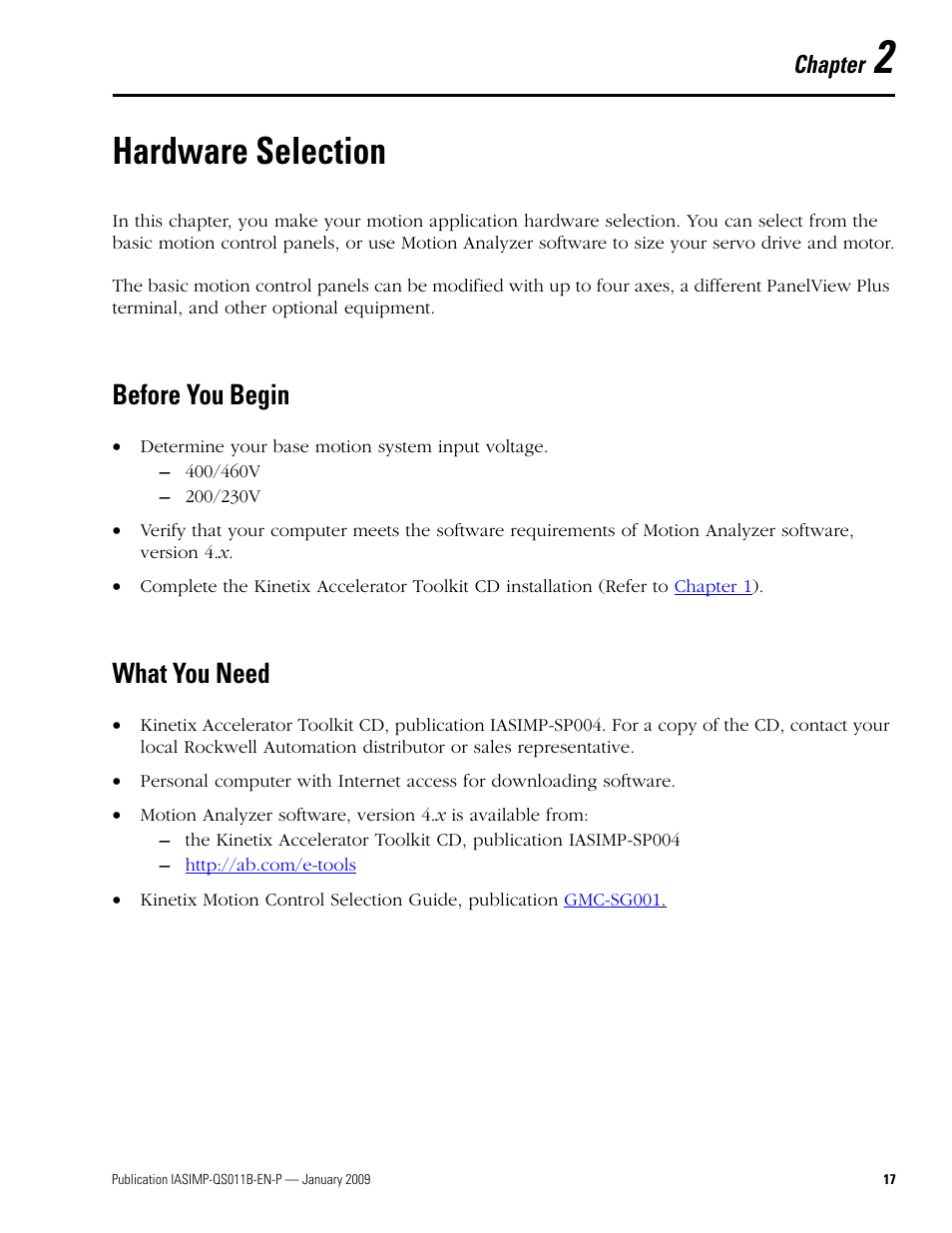 Chapter 2 - hardware selection, Before you begin, What you need | Chapter 2, Hardware selection, Before you begin what you need, Chapter | Rockwell Automation 2098 CompactLogix Indexing Motion Accelerator Toolkit Quick Start User Manual | Page 17 / 136