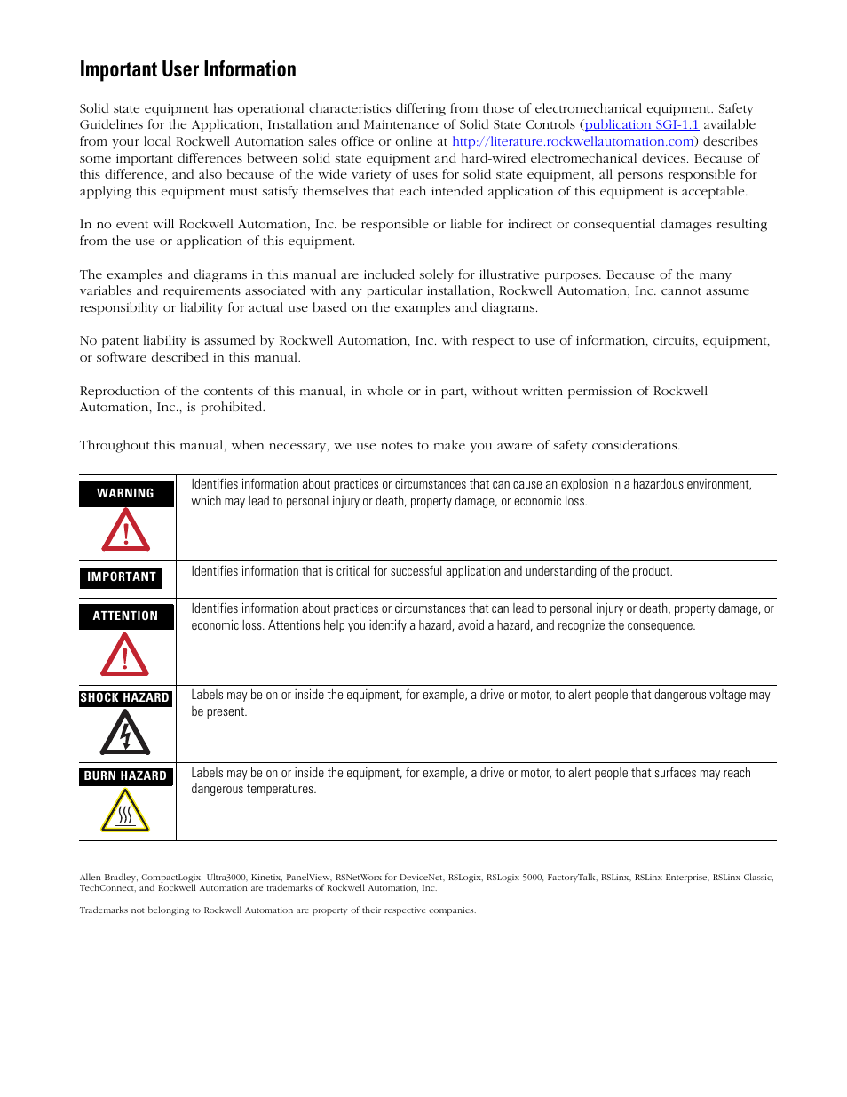 Important user information | Rockwell Automation 2098 CompactLogix Indexing Motion Accelerator Toolkit Quick Start User Manual | Page 2 / 136