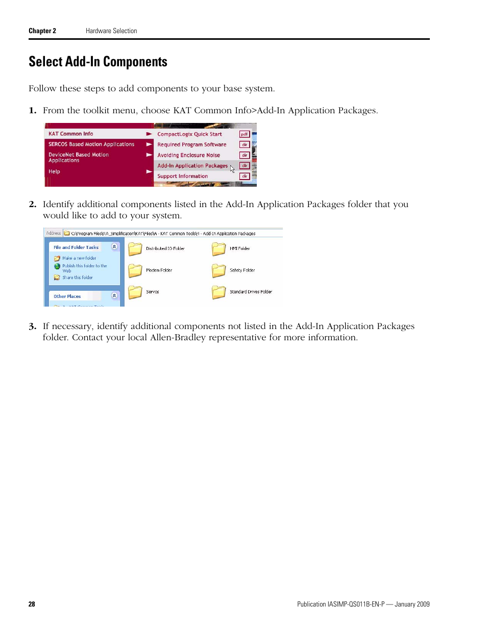 Select add-in components, Select add-in, Components | Rockwell Automation 2098 CompactLogix Indexing Motion Accelerator Toolkit Quick Start User Manual | Page 28 / 136