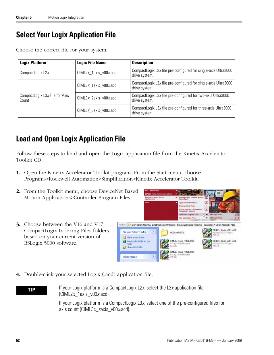 Select your logix application file, Load and open logix application file, Select your logix | Application file, Load and open logix | Rockwell Automation 2098 CompactLogix Indexing Motion Accelerator Toolkit Quick Start User Manual | Page 52 / 136