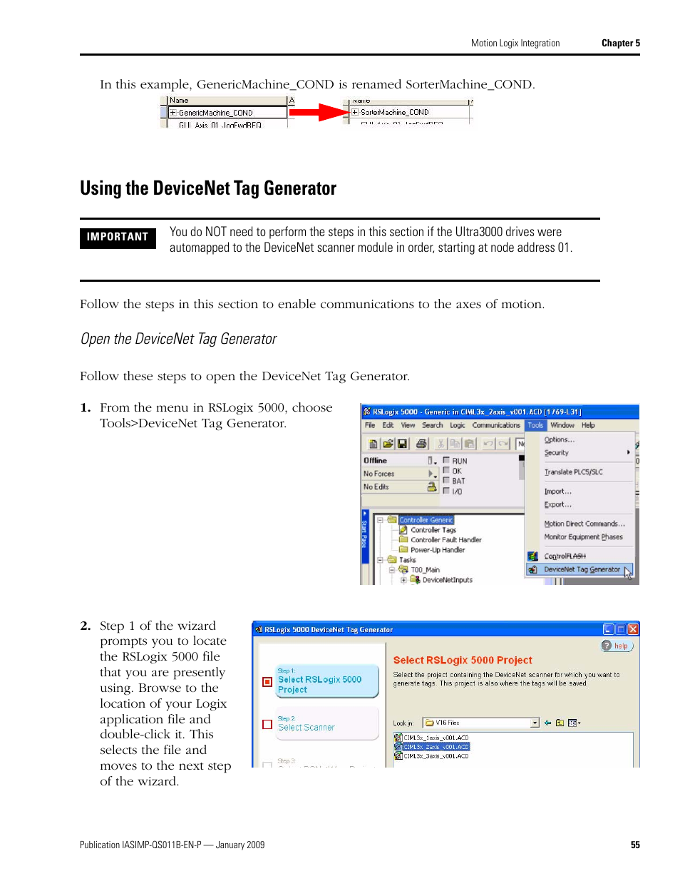 Using the devicenet tag generator, Using the devicenet, Tag generator | Rockwell Automation 2098 CompactLogix Indexing Motion Accelerator Toolkit Quick Start User Manual | Page 55 / 136