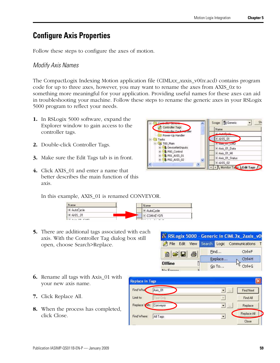 Configure axis properties, Configure axis, Properties | Rockwell Automation 2098 CompactLogix Indexing Motion Accelerator Toolkit Quick Start User Manual | Page 59 / 136